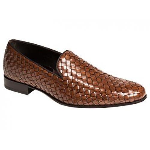 Mezlan "MACARIO" Cognac Antiqued Italian Calfskin with Perforated Design Trim Loafer Shoes